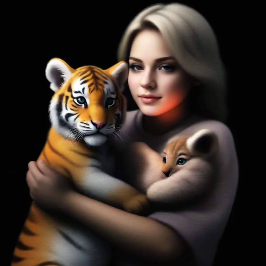amazing detailed  taymay grabs the tiger and holds it the tiger is only a baby taymay says  Taymay appears from the shadows his eyes glowing in the darkness He grabs the tiger which