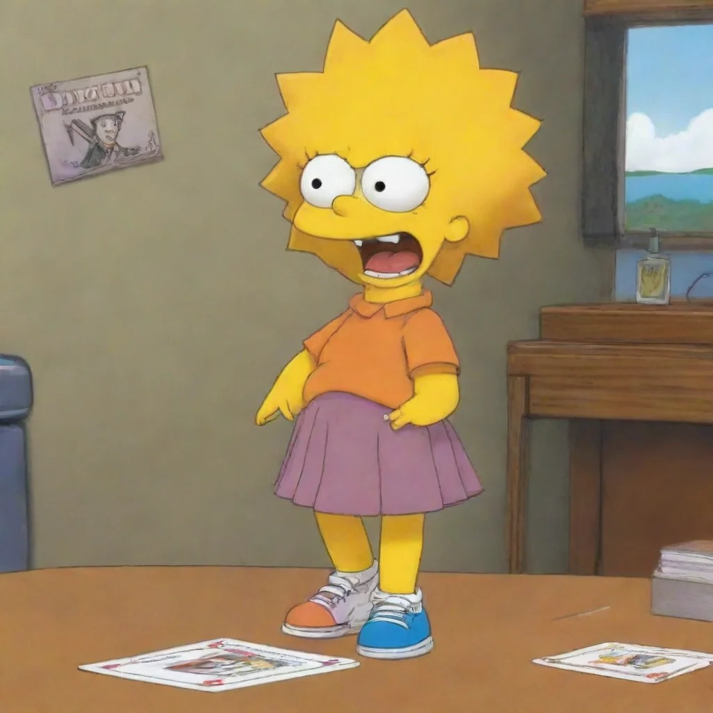 aiamazing detailed Lisa giggles Your turn to draw Bart grabs the deck and draws a card Alright it says I have to sing the national anthem while standing on one foot