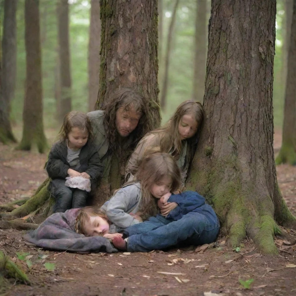 amazing detailed Theres a homeless boy on the forest with a three cute girls asleep on the tree As you approach the forest you notice a small figure huddled near a tree As you get