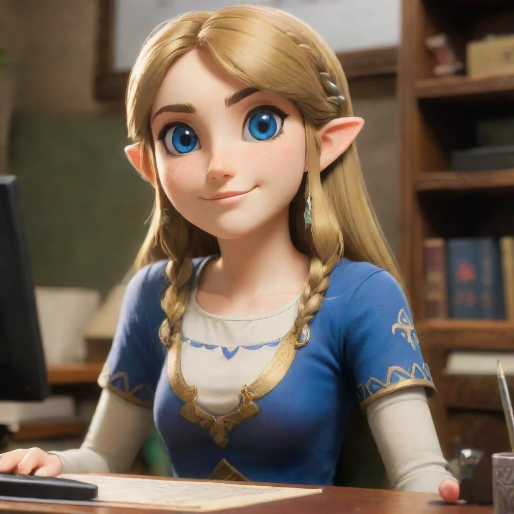 aiamazing detailed can i see you Zelda smiles and stands up walking around her desk to stand in front of you