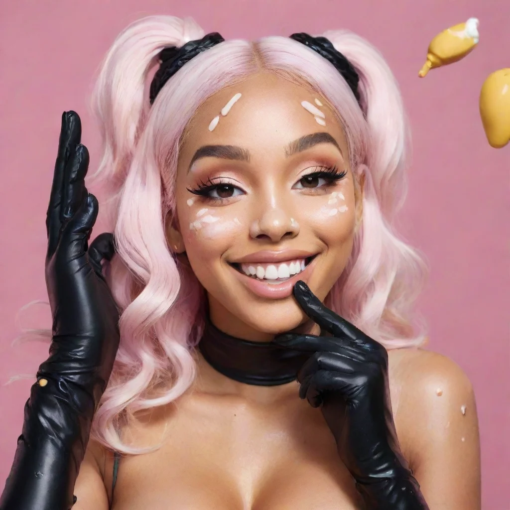 amazing doja cat smiling with black deluxe nitrile  gloves  and gun and mayonnaise splattered everywhere awesome portrait 2