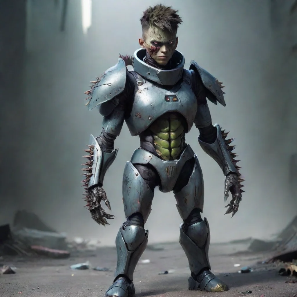 aiamazing draw a boy with futuristic armor%2C and your stand would be a kind of mutant zombie with spikes awesome portrait 2