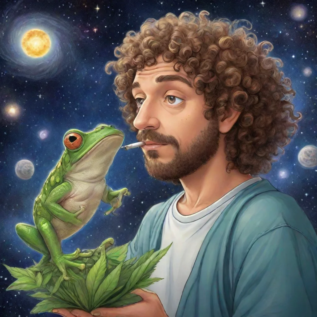 amazing draw a cartoon picture of a curly haired greek philosopher talking to a frog with marijuana leaves and galaxies in the background  awesome portrait 2