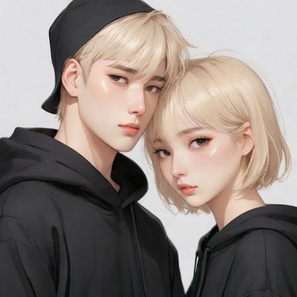 aiamazing draw me a korean guy with blond hair%2C wearing a black hoddie and patting a korean girl with short wolf cut hair and is blushing korean manhwa art style  awesome portrait 2