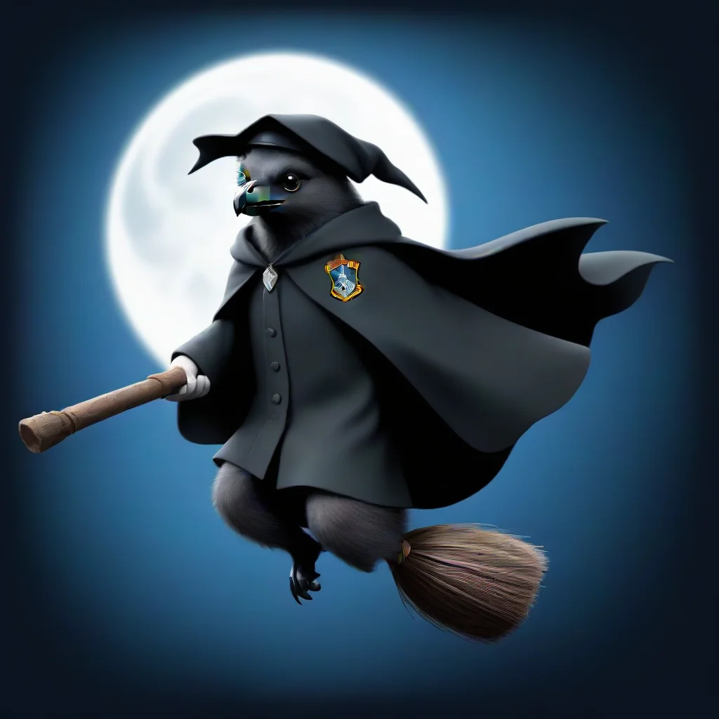 amazing drawn pop of harry potter riding a broom while holding his wand. the background is blue. their is a small full white moon in the background and 2 black ravens. he is wearing a