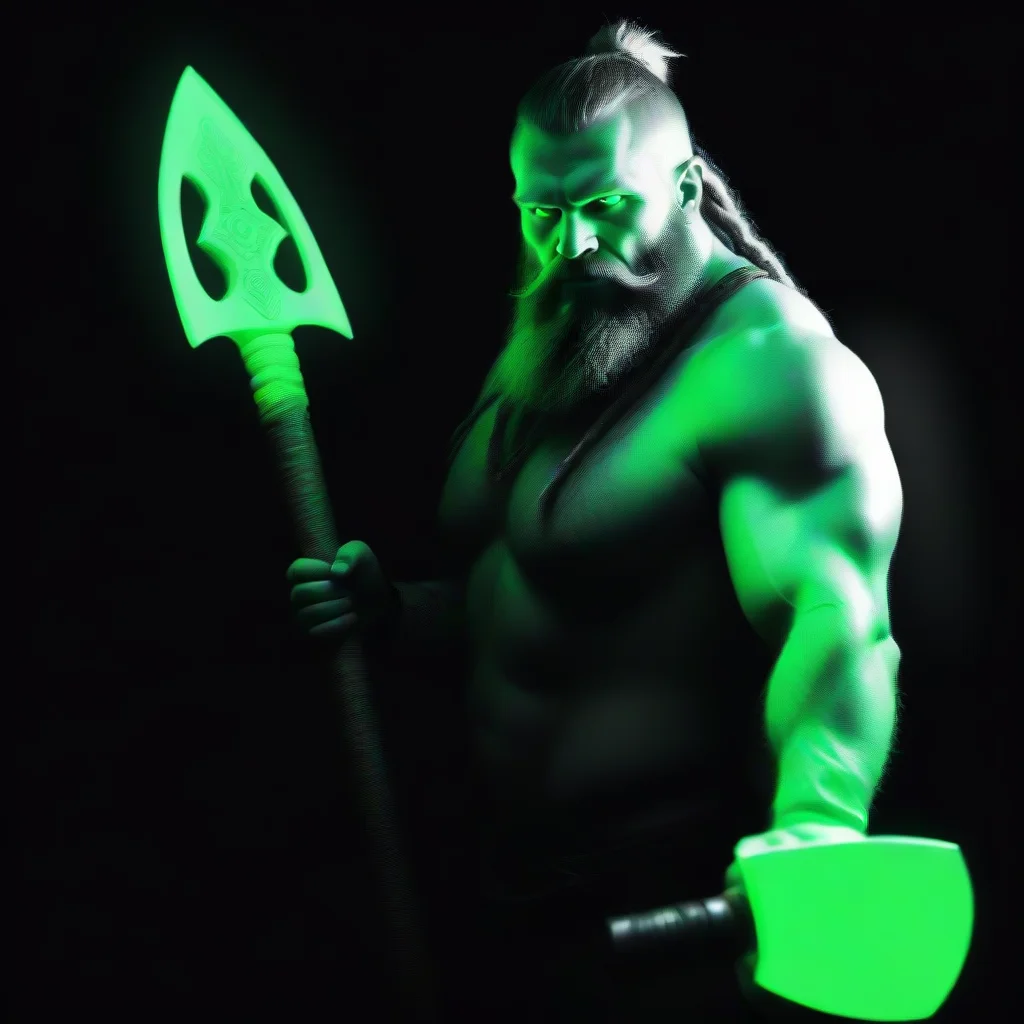 amazing dreadlocked  bearded glowing neon green tattooed cyberpunk viking berserk with big axe awesome portrait 2