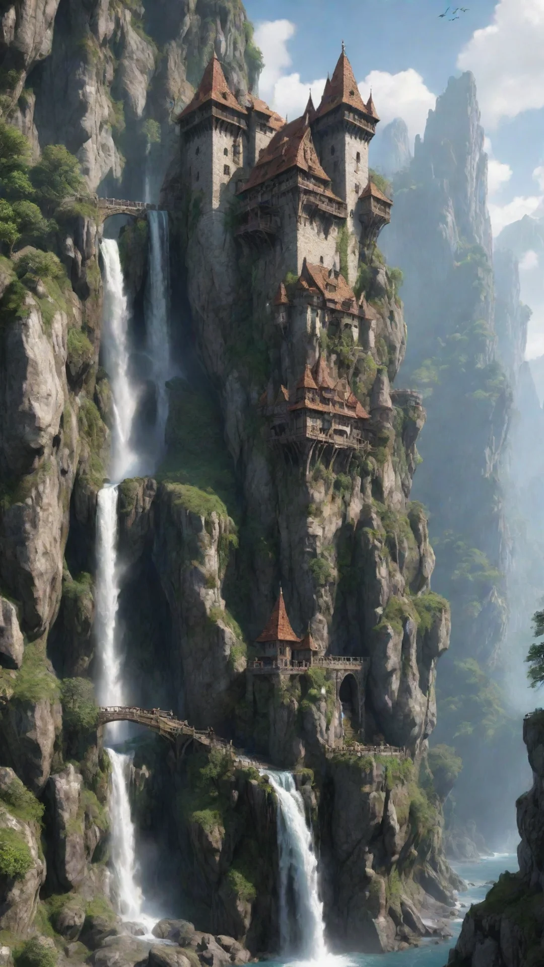 aiamazing elfish castle on extreme cliff overhangs caves hd detailed realistic asthetic lovely waterfalls awesome portrait 2 tall