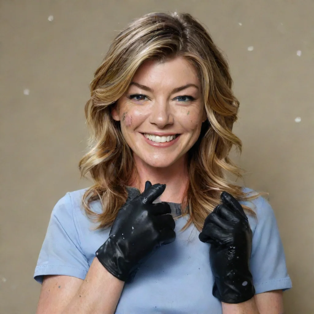 aiamazing ellen pompeo as meredith grey from grey%27s anatomy smiling with black deluxe nitrile  gloves and gun and mayonnaise splattered everywhere awesome portrait 2