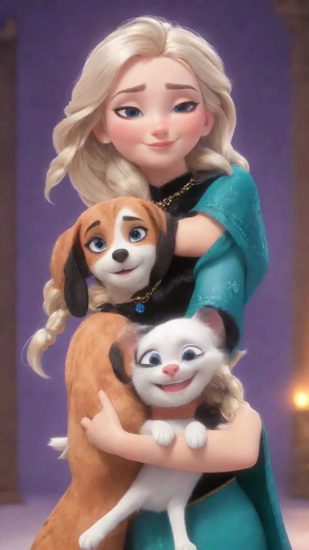 aiamazing elsa and anna frozen saree indian hugs with her dog beagle and cat noir black together smile  awesome portrait 2 tall