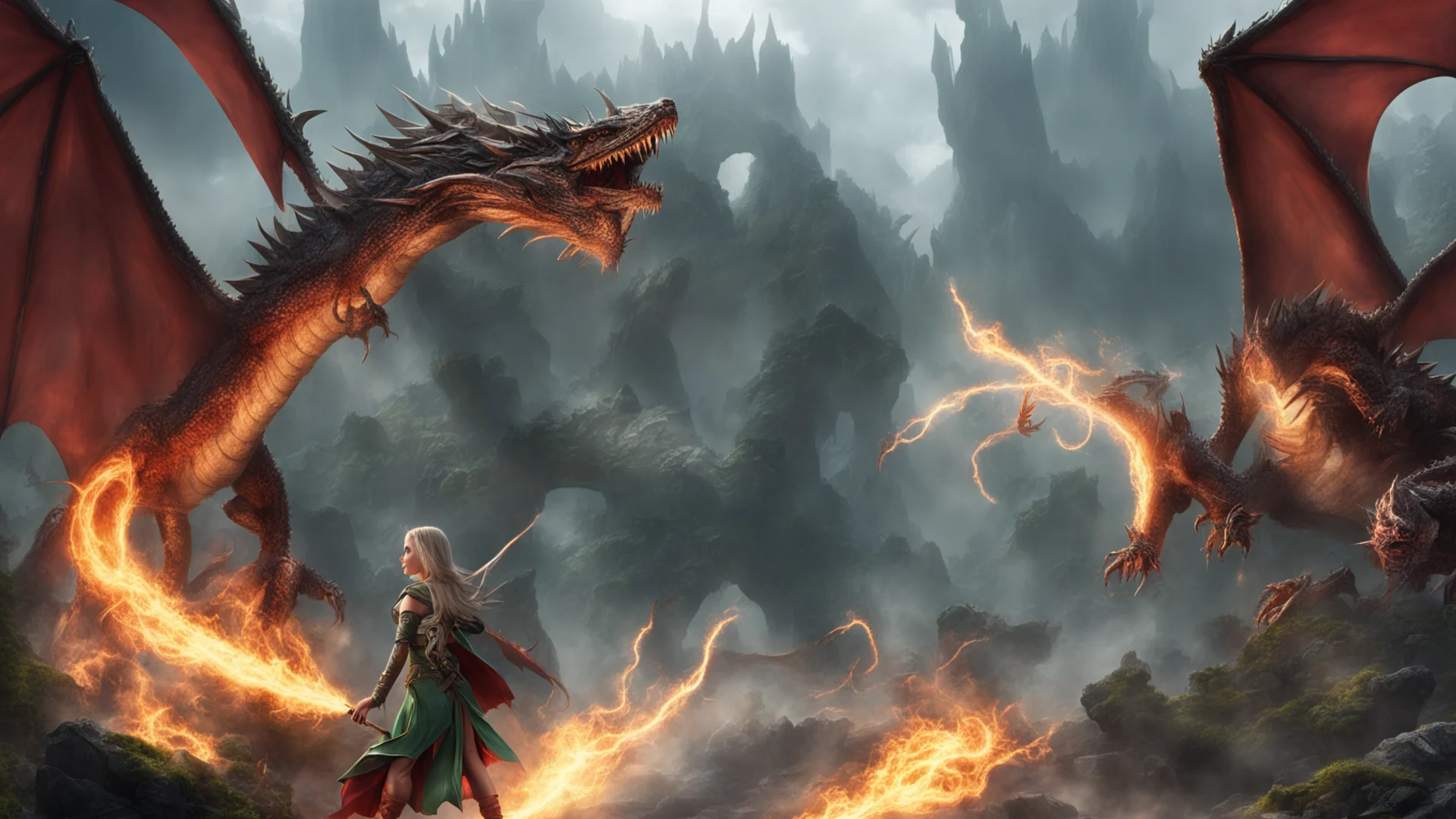 amazing elven princess casts a spell in front of attacking dragon awesome portrait 2 wide