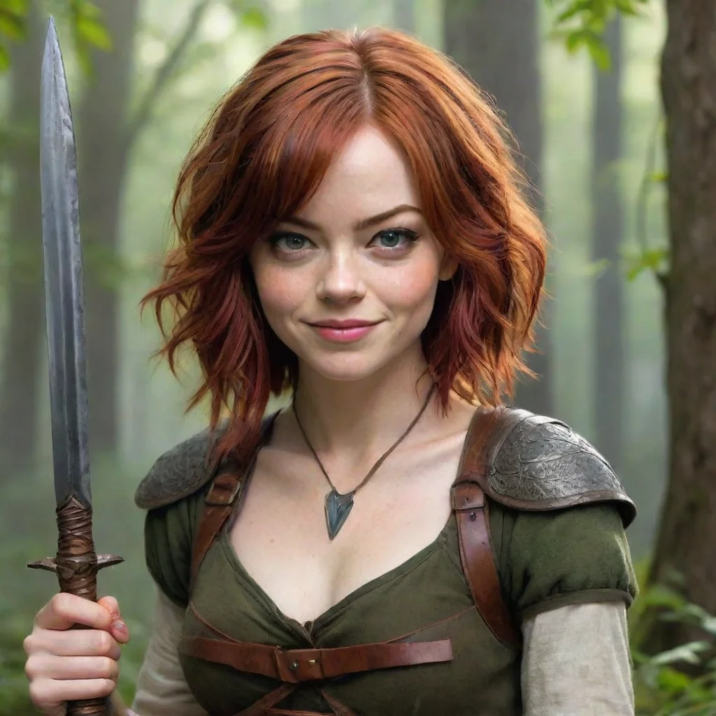 amazing emma stone as a druid rogue dnd red hair beautiful petite dagger strapped to her body symmetrical face grinning mischiev short hair awesome portrait 2