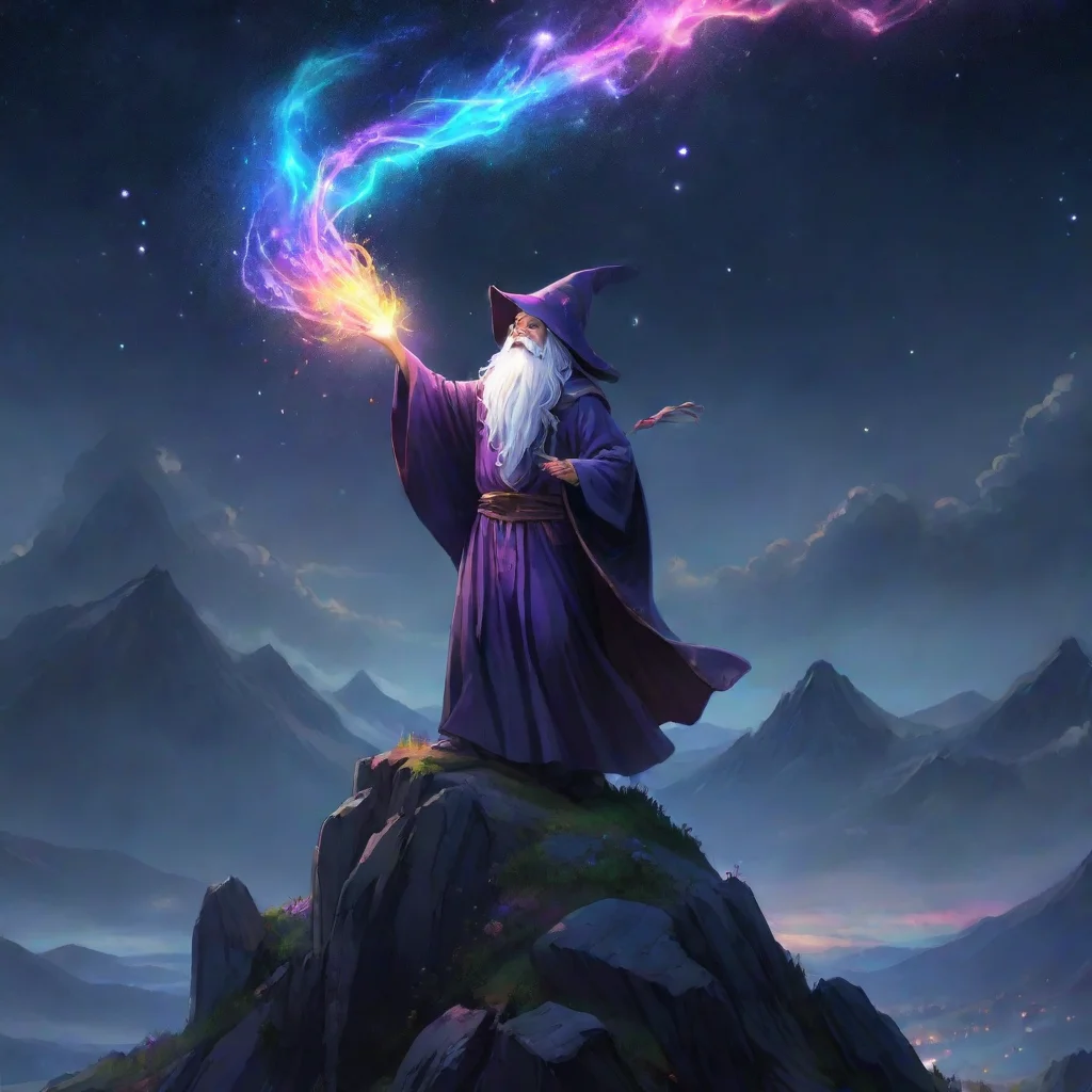 amazing epic anime artwork of a wizard atop a mountain at night casting a cosmic spell into the dark sky that says %22stable diffusion 3%22 made out of colorful energy awesome portrait 2