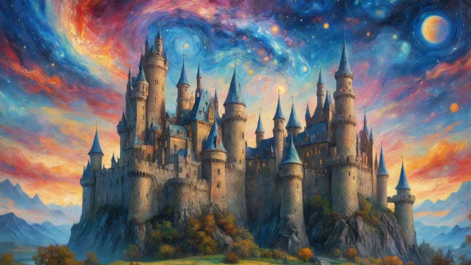 aiamazing epic castle with colorful artistic sky planets van gogh style detailed hd asthetic castle awesome portrait 2 wide