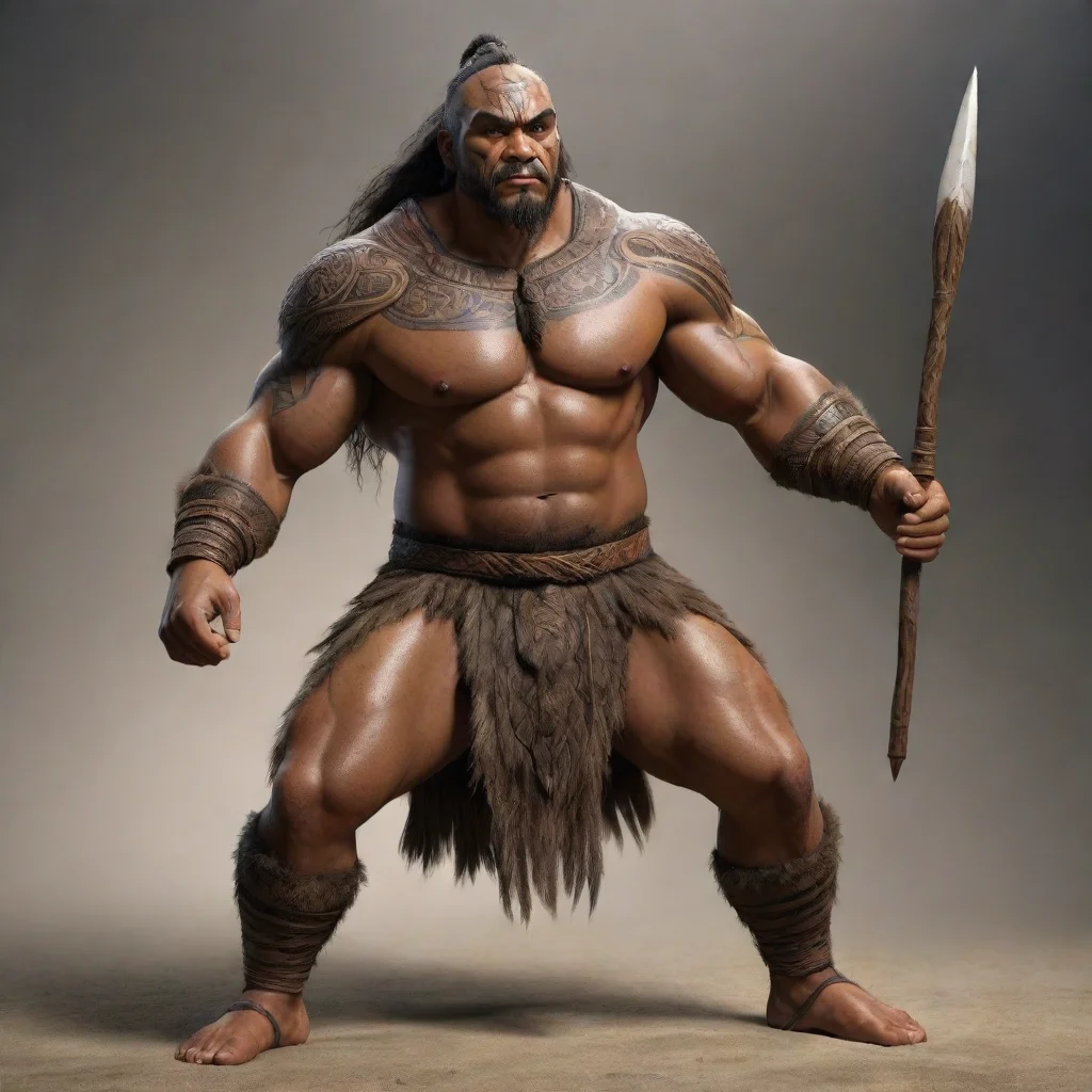 aiamazing epic character strong warrior pacific islander new zealand maori wooden spear hd wow realistic  awesome portrait 2