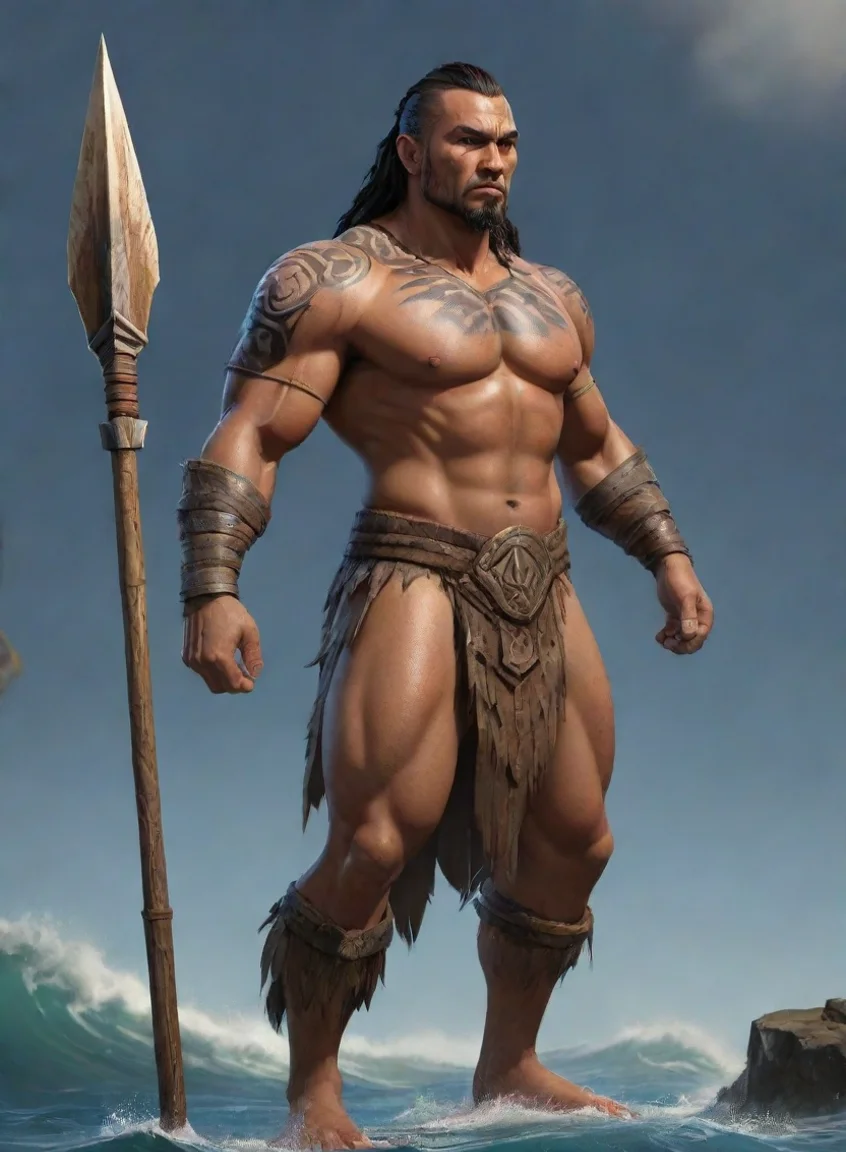 amazing epic character strong warrior pacific islander wooden spear hd wow artstation awesome portrait 2 landscape43