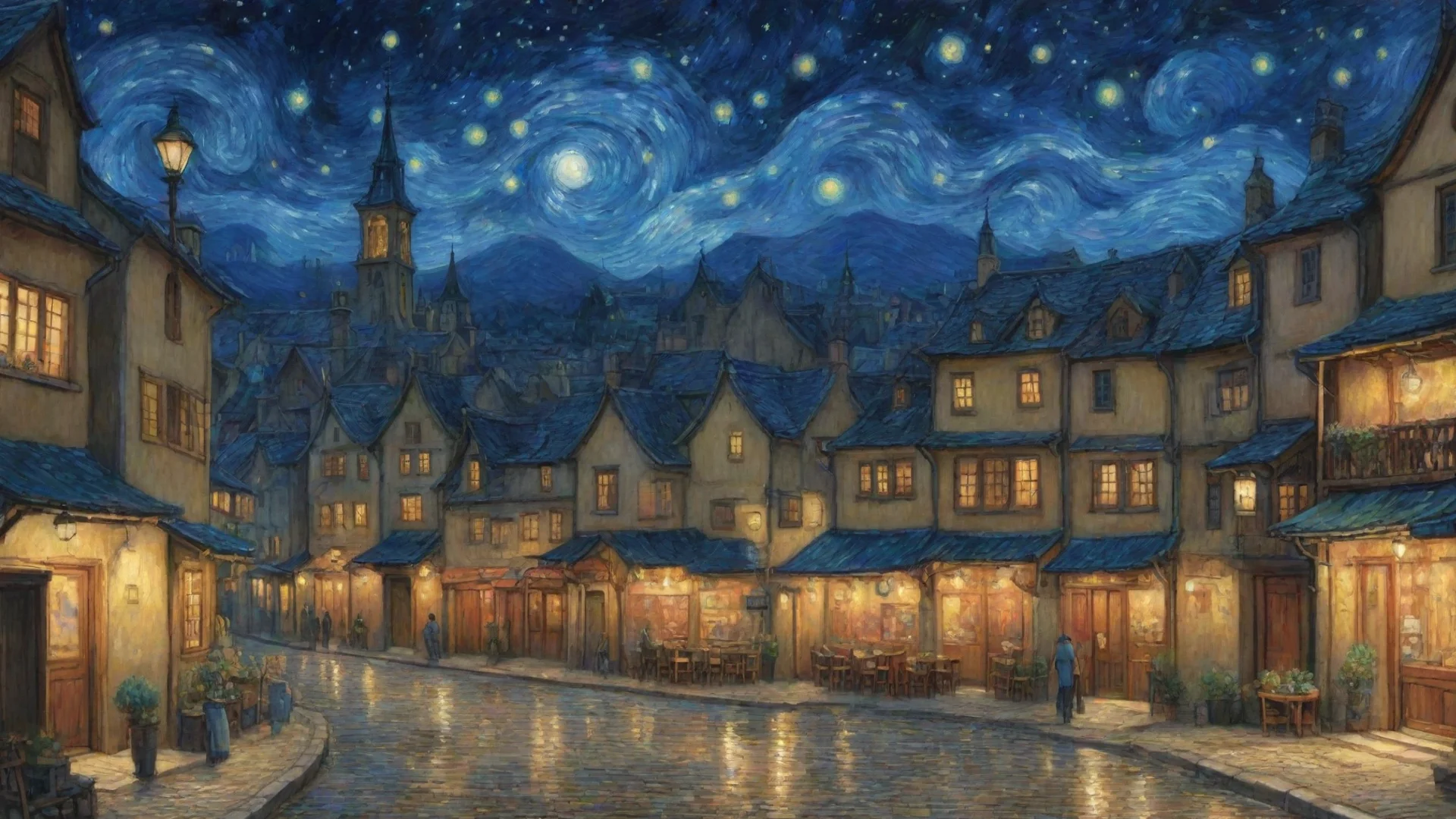 amazing epic lovely artistic ghibli van gogh stary night anime town detailed asthetic awesome portrait 2 wide