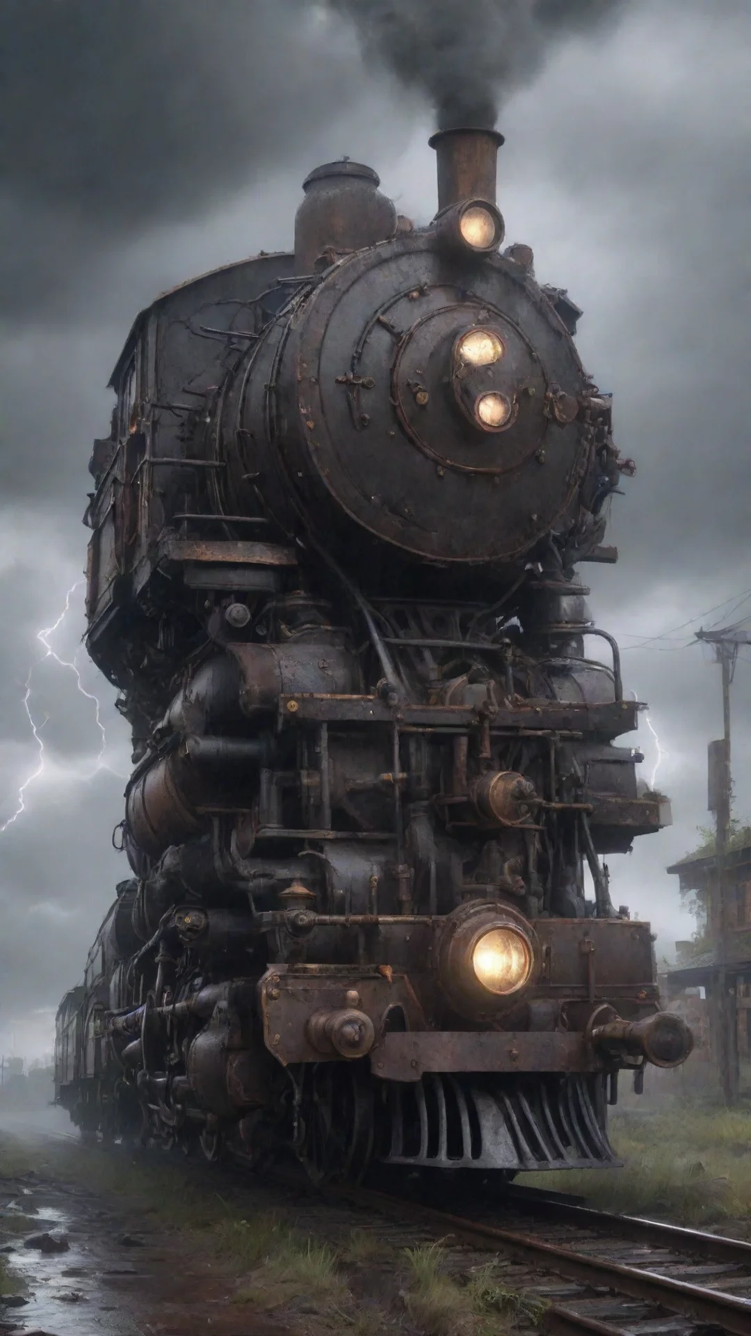 amazing epic steampunk gothic train in a dwasteland detailed photorealistic rainy lightning ar 169 awesome portrait 2 tall