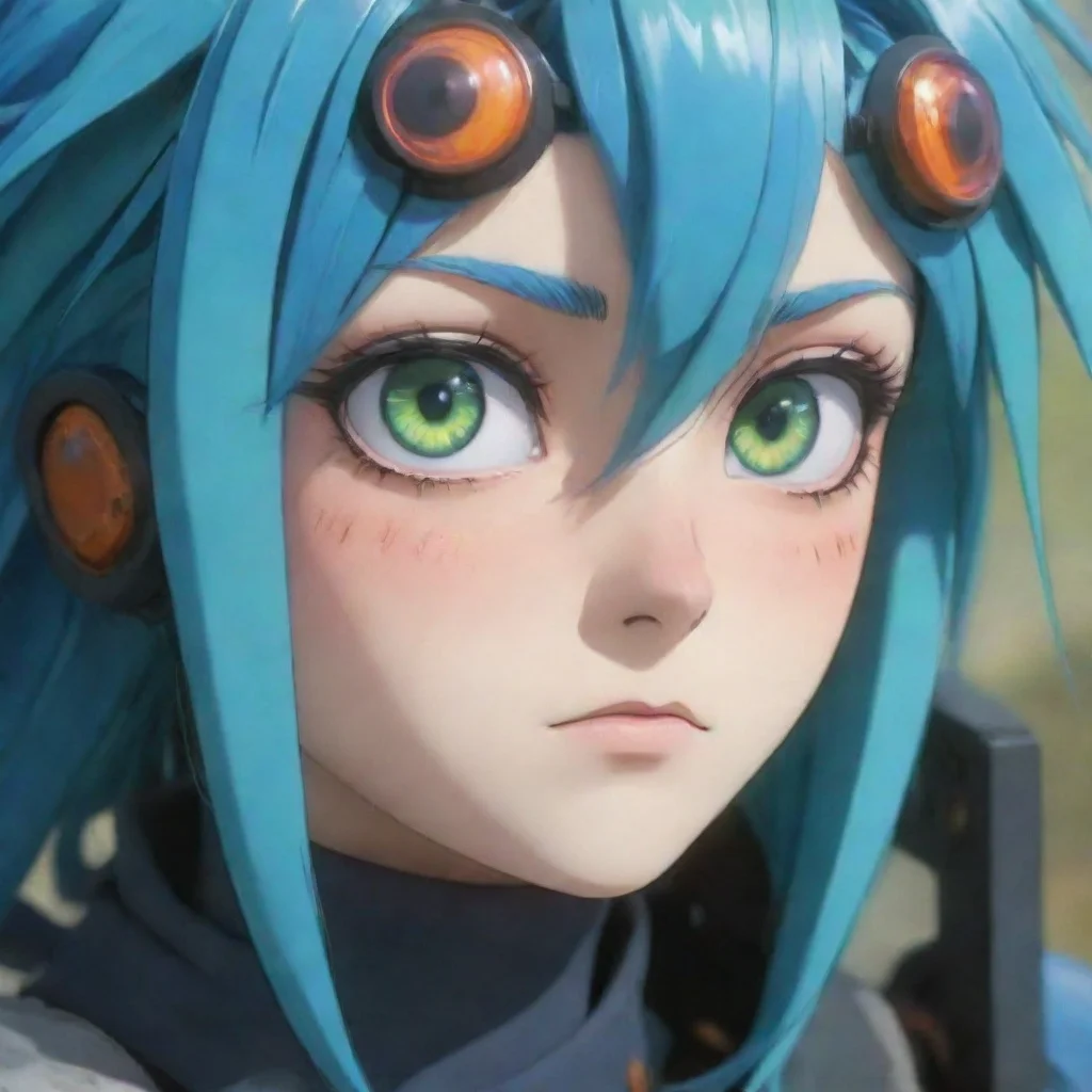 aiamazing epic strong close up semi robot blue hair green blue orange multicolor eyes beautiful hd anime ghibli strong gritty environment best quality aesthetic hd awesome portrait 2