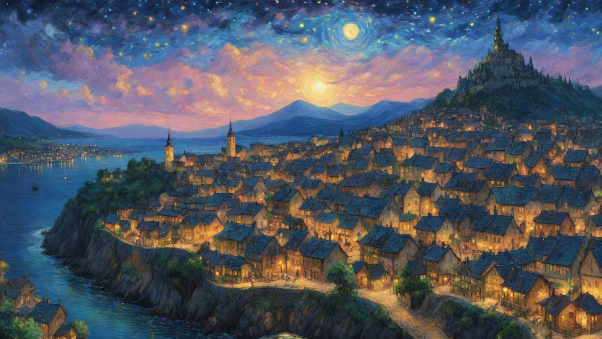 amazing epic town lit up at night sky epic lovely artistic ghibli van gogh happyness bliss peace  detailed asthetic hd wow awesome portrait 2 wide