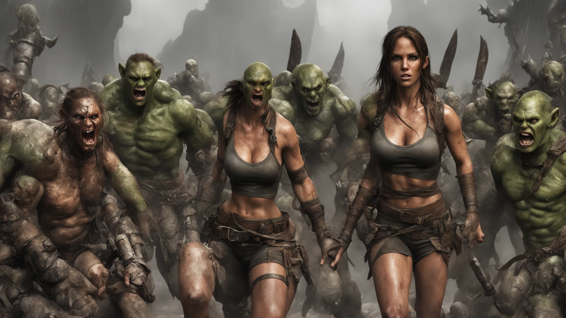 amazing fallen lara croft surrounded by angry orcs awesome portrait 2 wide