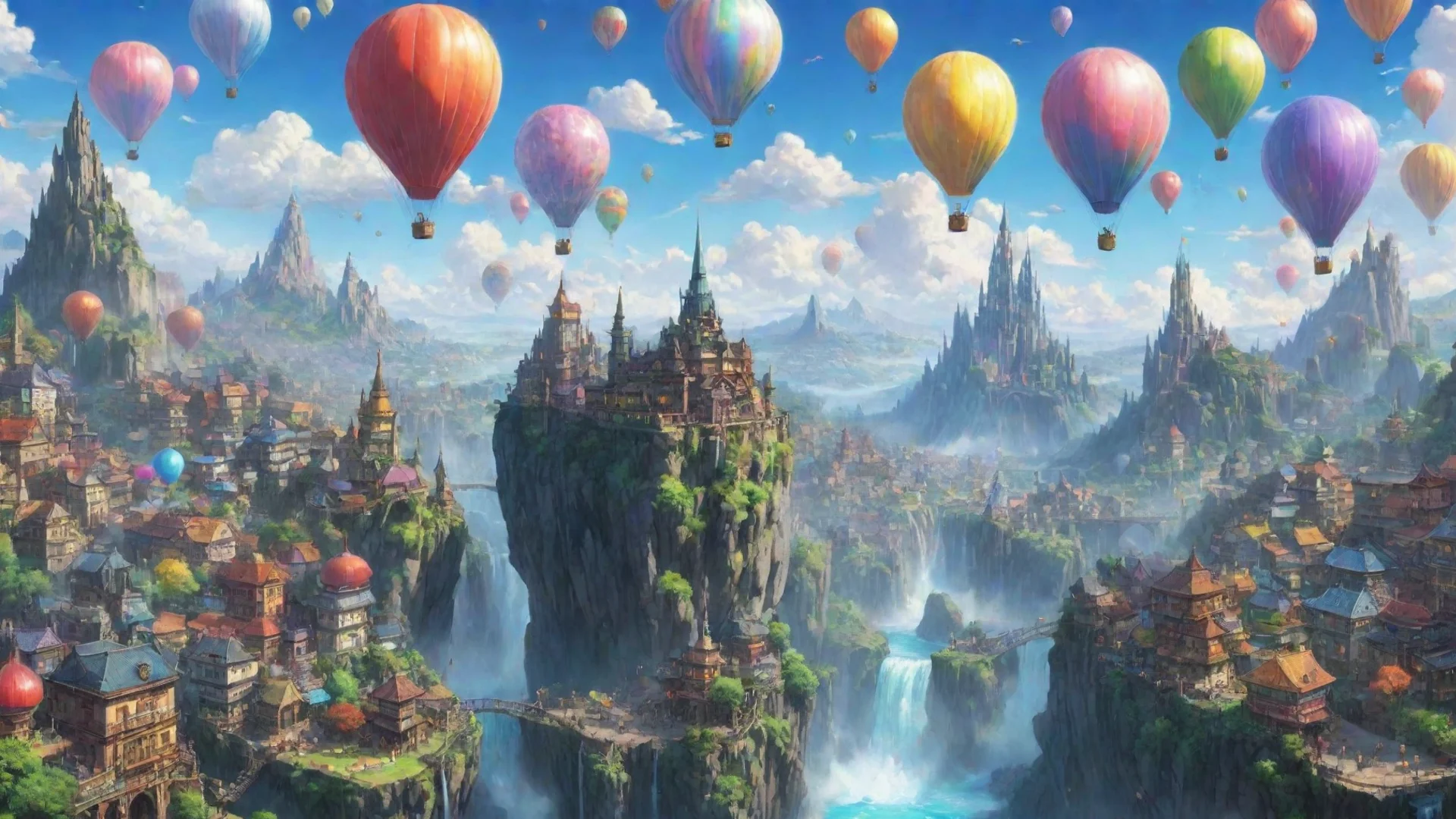 amazing fantasy anime ghibli world city with flying colorful hot air baloons cities waterfalls crystals rainbows planets ins sky extreme color lovely color contrast amazing awesome portrait 2 wide.w