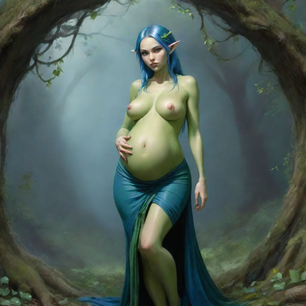 amazing fantasy art  a slender female elf with a pregnant like struggle filled belly 4 feet in diameter. dressed in a tight fitting dress of blue and green. awesome portrait 2