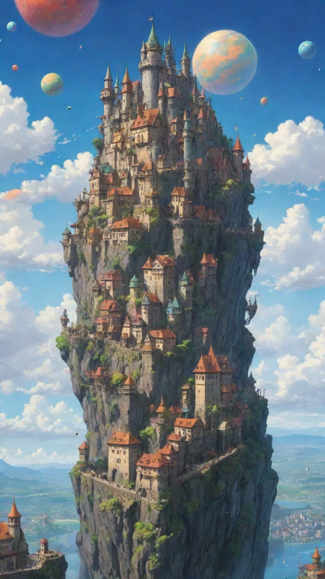aiamazing fantasy art ghibli miyazaki hd best quality aesthetic flying castle colorful planets city fortress  awesome portrait 2 tall