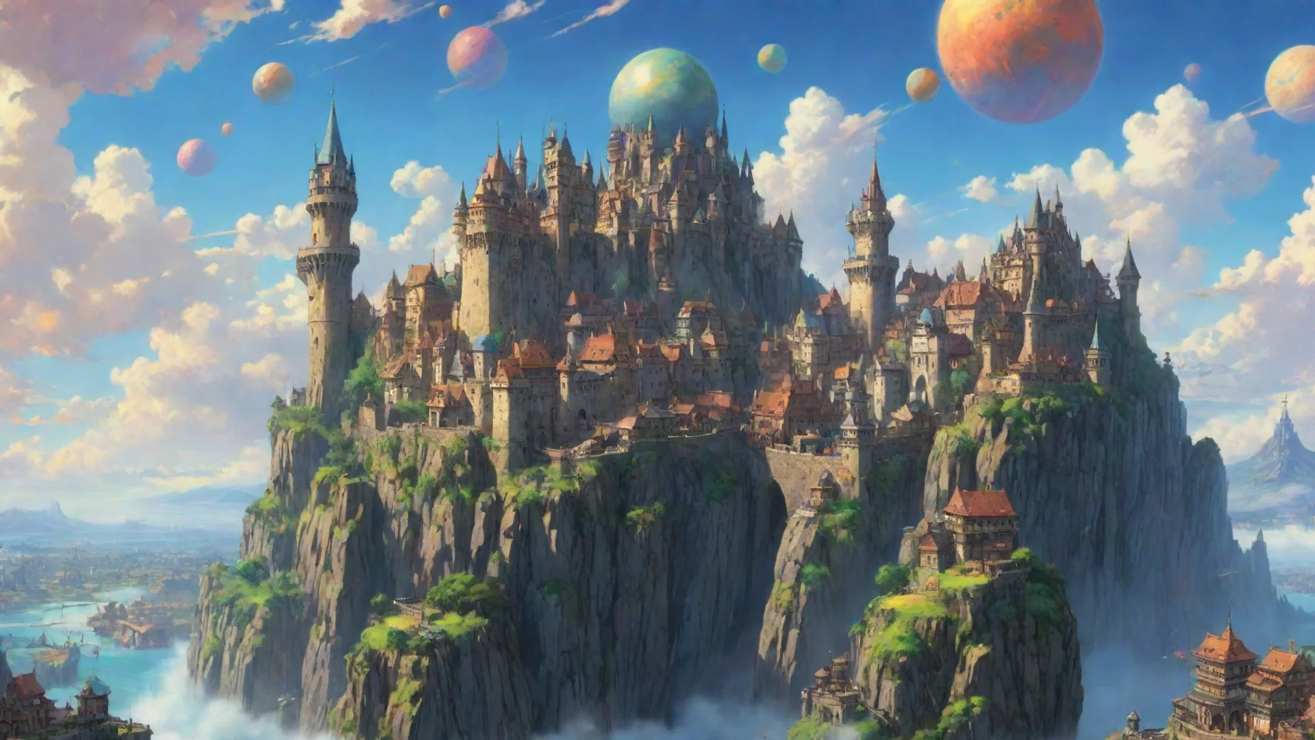 amazing fantasy art ghibli miyazaki hd best quality aesthetic flying castle colorful planets city fortress  awesome portrait 2 wide