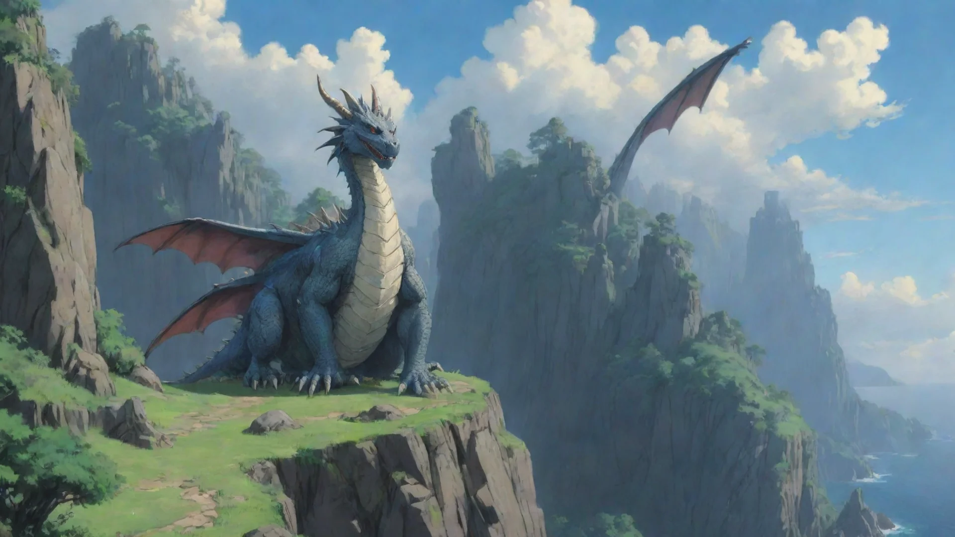 aiamazing fantasy environment dragon on cliff studio ghibli miazaki anime best quality artstation still wide