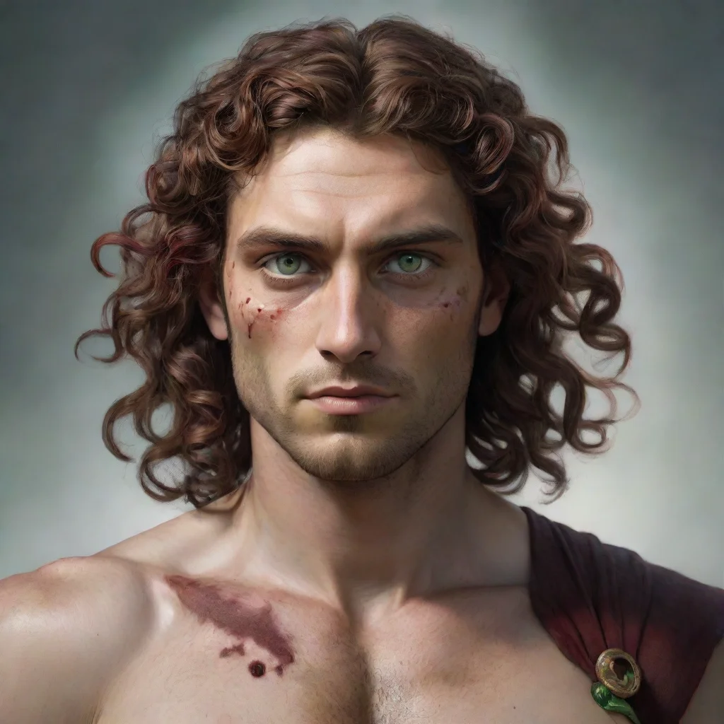 aiamazing fantasy portrait of a greek man with green eyes and curly%2C shoulder length brown hair with crimson scars that go the length of his arms awesome portrait 2