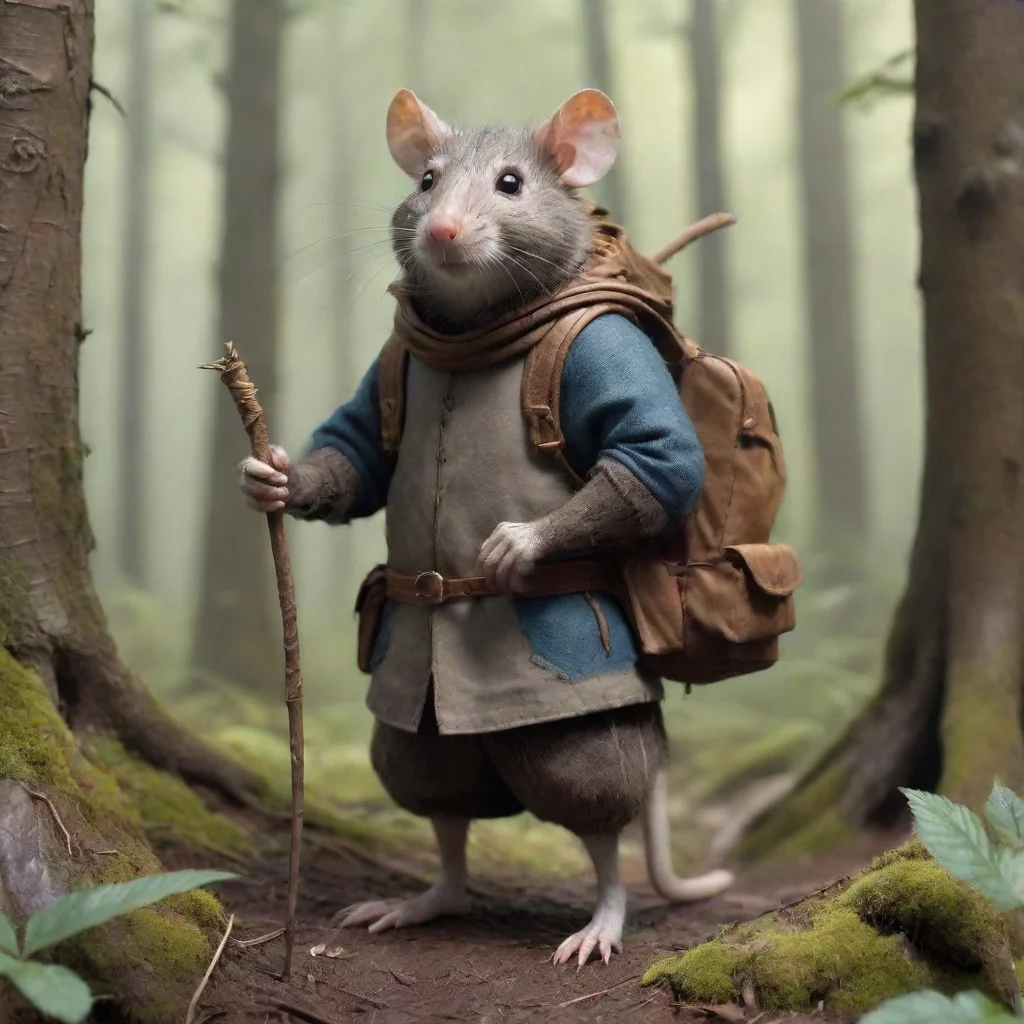 aiamazing fantasy rat knight in common garb in a forest with a toothpick for a walking stick%2C wearing a large backpack awesome portrait 2