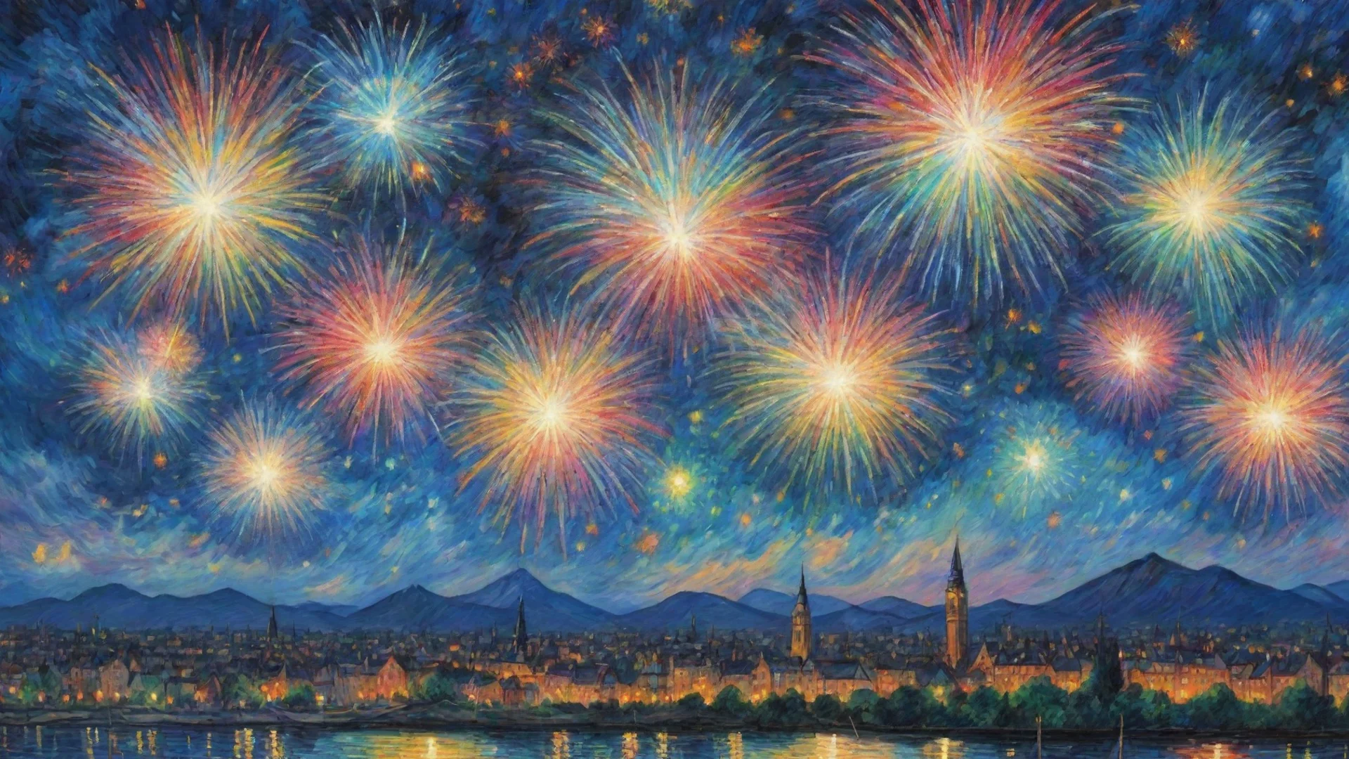 amazing fireworks in sky epic lovely artistic ghibli van gogh happyness bliss peace  detailed asthetic awesome portrait 2 wide