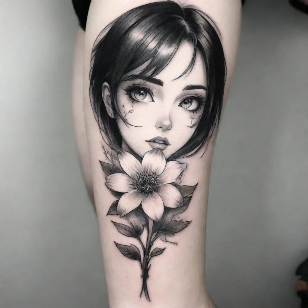 aiamazing flower anime fine line black and white tattoo awesome portrait 2