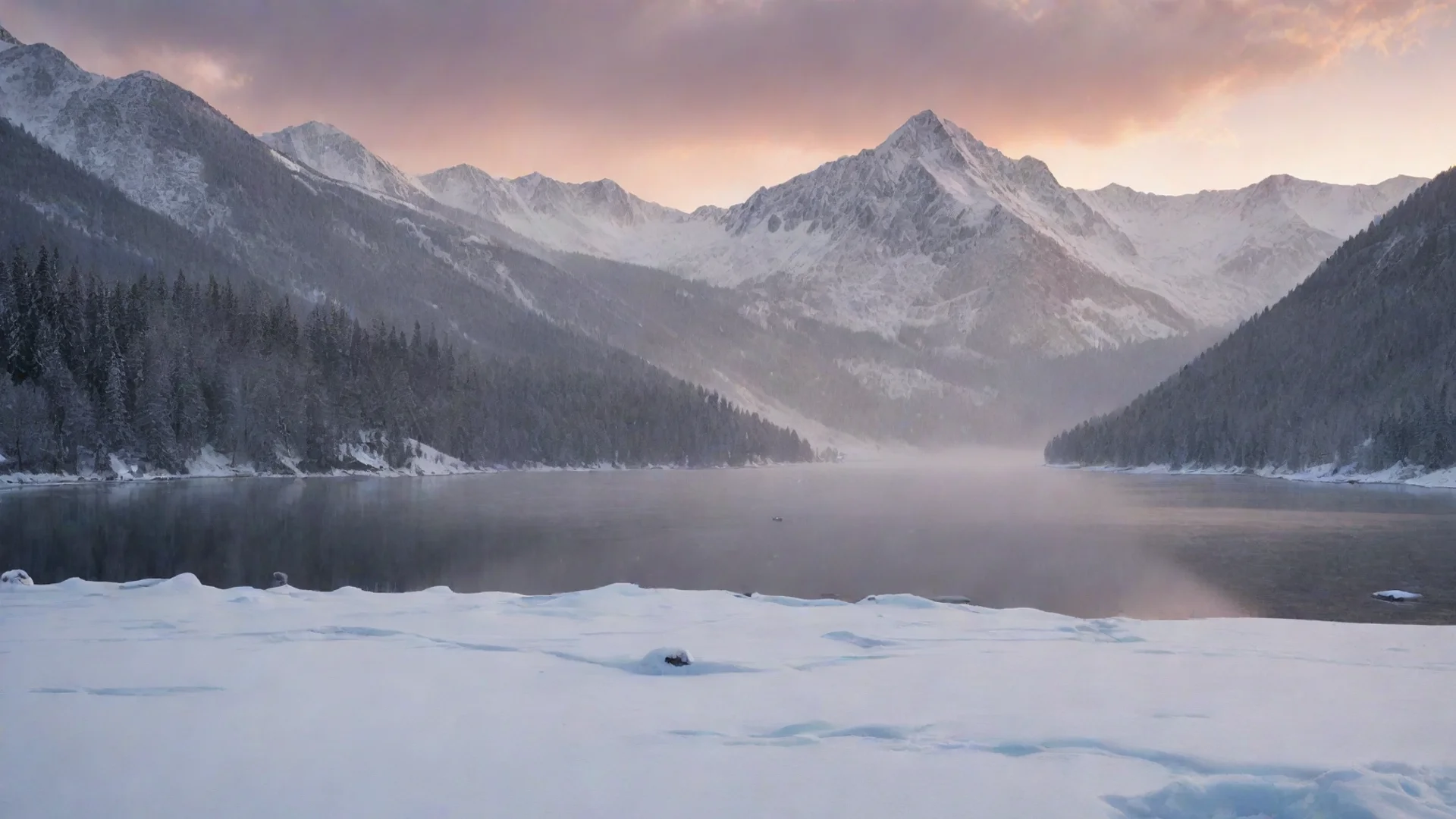 aiamazing frozen lake with snow falling down in a mountainous background and during a sunset awesome portrait 2 wide