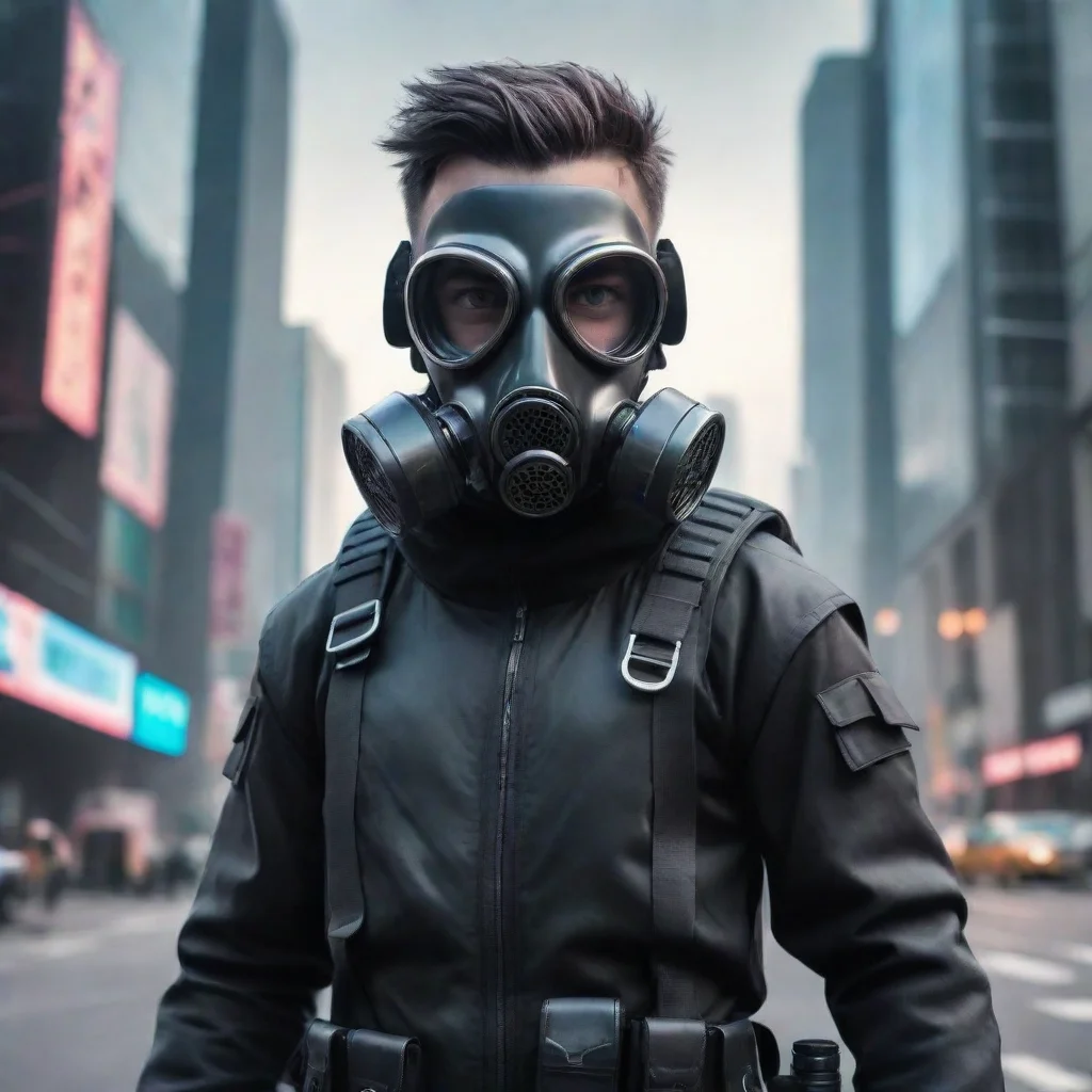 amazing future cyber punk police man wearing gas mask in a large city with cartoon style awesome portrait 2