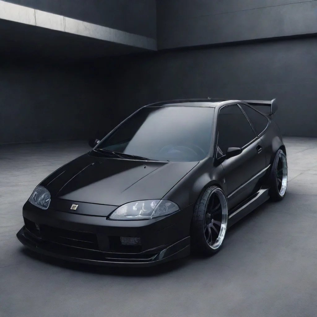 aiamazing futuristic black car based on crx%2C sleek%2C exposed engine%2C no hood. interior also based on crx. custom wheels and brakes. awesome portrait 2