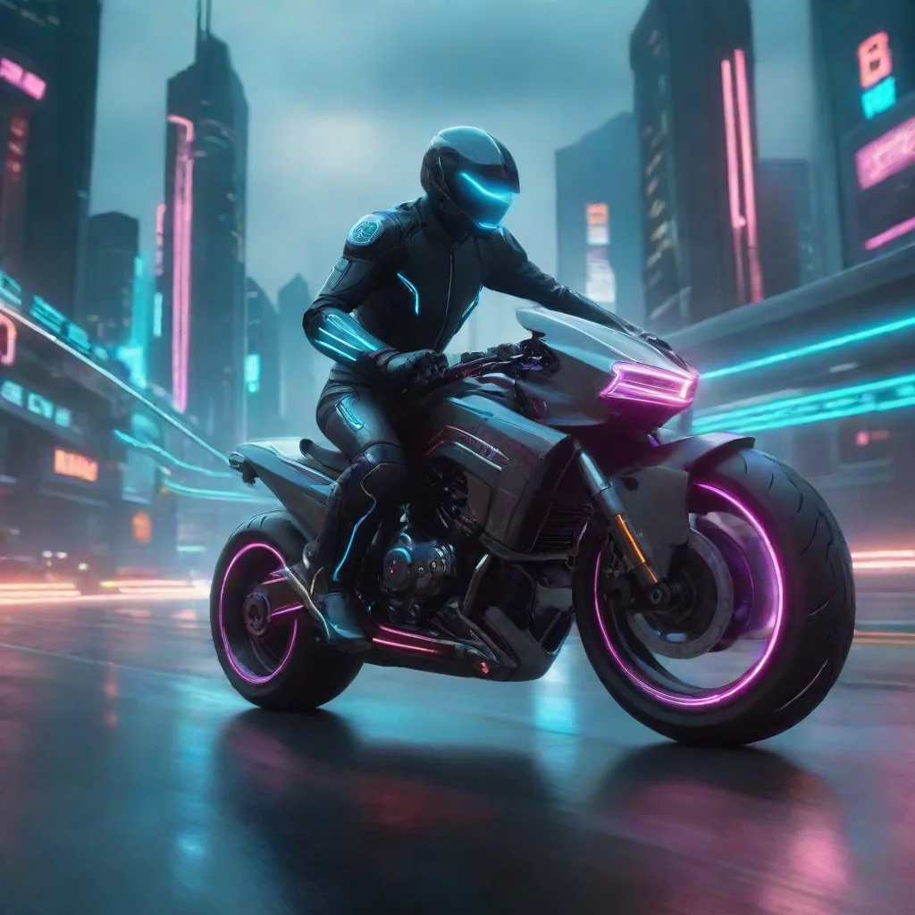 amazing futuristic cyberpunk motorcycle dashing down the highway towards a futuristic city in the style of tron awesome portrait 2