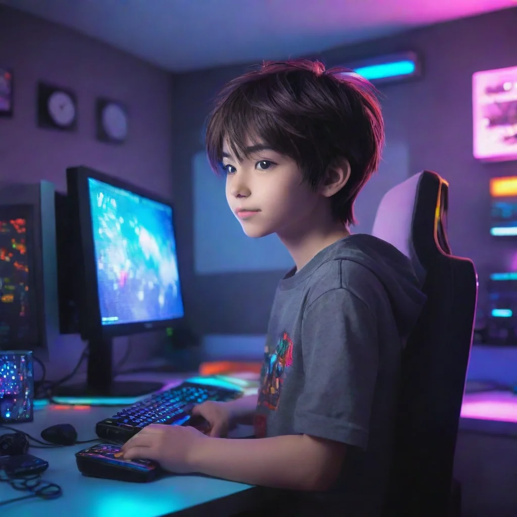 amazing gamer boy anime about 13 years old playing a modern gaming pc. the room his colorful leds lighting up the room. the boy is happy. the room should be bright and colorful awesome portrait