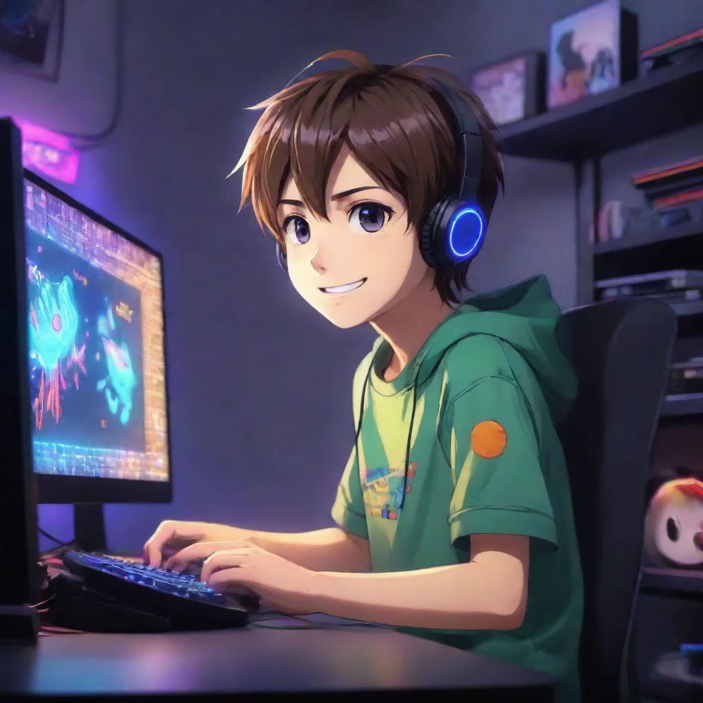 aiamazing gamer boy anime cartoon playing a gaming pc. the room his colorful leds. the boy is happy awesome portrait 2