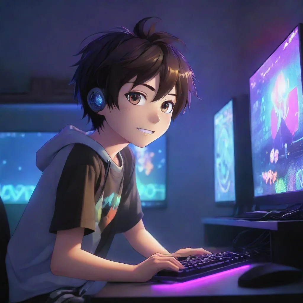 aiamazing gamer boy anime cartoon playing a modern gaming pc. the room his colorful leds. the boy is happy awesome portrait 2