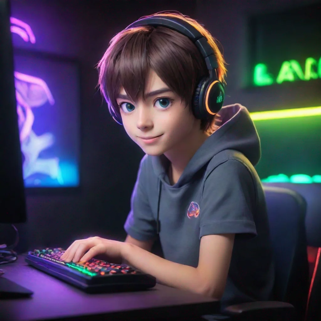 aiamazing gamer boy anime cartoon sitting at a gaming pc and colorful led lighting. make it bright and fun and make him look happy awesome portrait 2