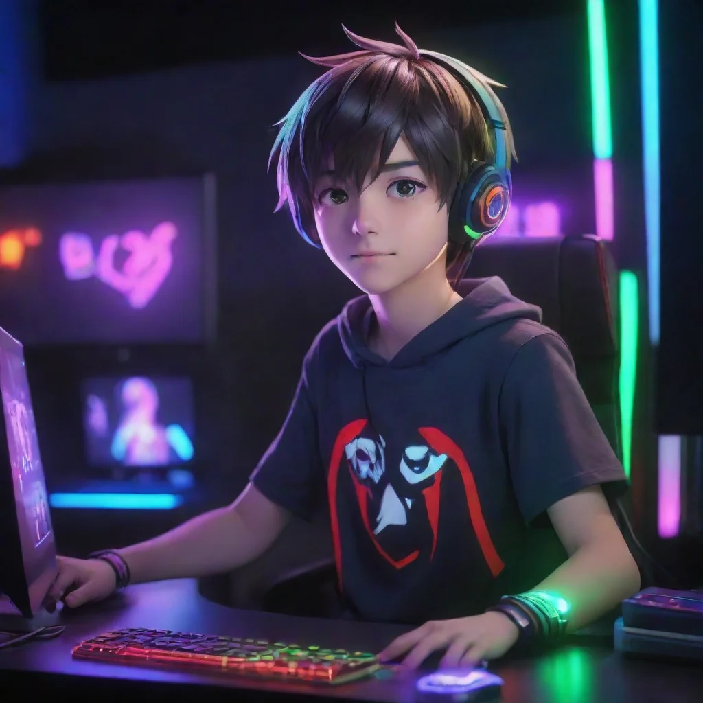 aiamazing gamer boy anime cartoon sitting at a gaming pc and colorful led lighting. make it bright and fun awesome portrait 2