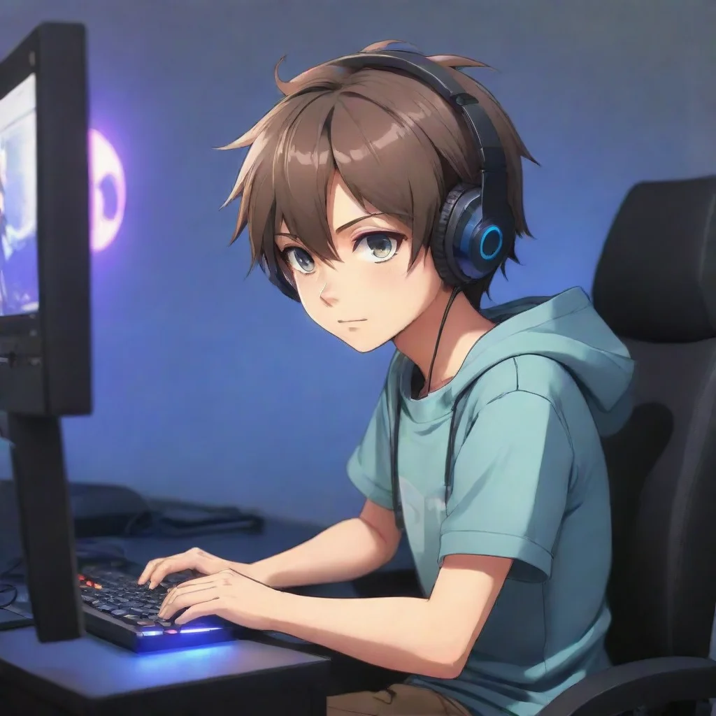 aiamazing gamer boy anime cartoon sitting at a gaming pc awesome portrait 2