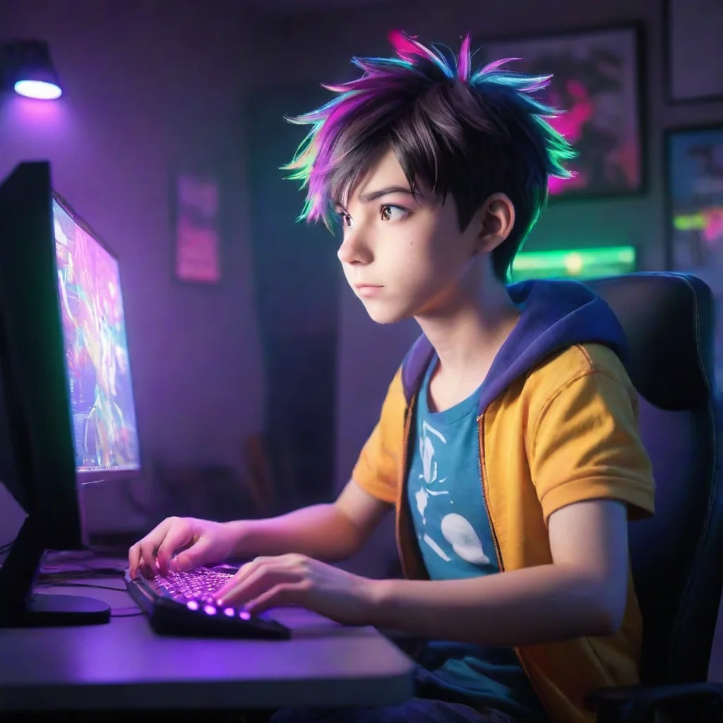 amazing gamer boy with a zero fade haircut anime cartoon playing a gaming pc in a room lit up by bright and colorful led lighting awesome portrait 2