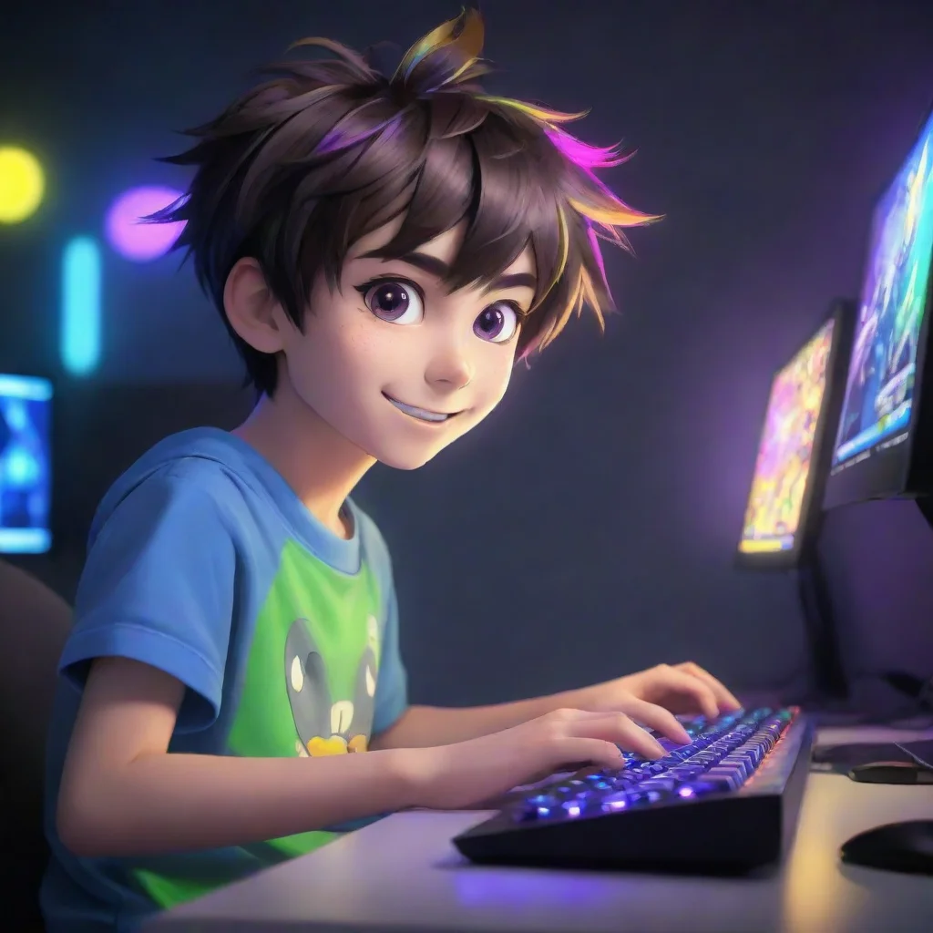 aiamazing gamer boy with a zero fade haircut anime cartoon playing a gaming pc in a room lit up by bright and colorful led lighting. the boy looks happy awesome portrait 2
