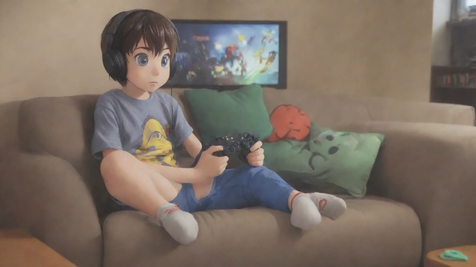 aiamazing gamer kid anime cartoon on the couch playing games awesome portrait 2 hdwidescreen