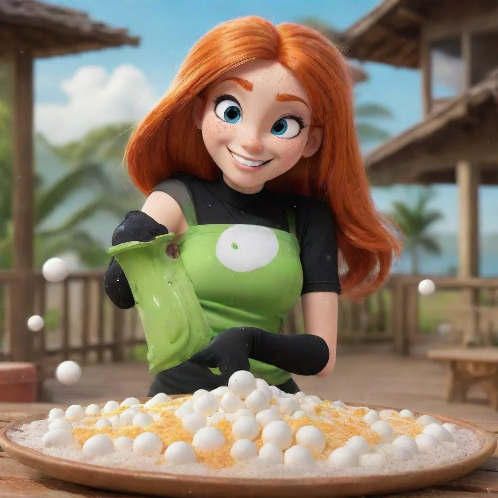 amazing generate images of kim possible  smiling seriously at a beach house in jamaica with black gloves and powerful rocket launcher and mayonnaise splashing and splattered everywhere squeezing goo