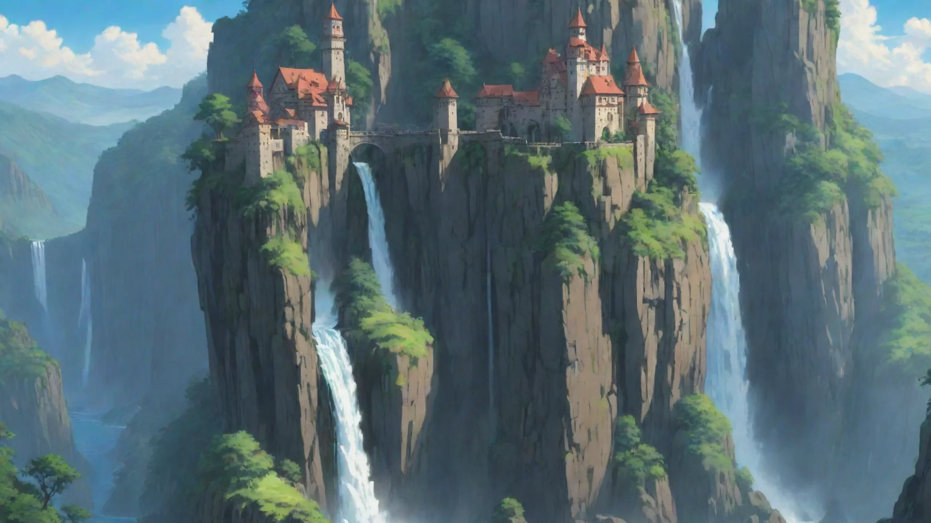amazing ghibli artistic castle cliff waterfall hd anime aesthetic beauty wide