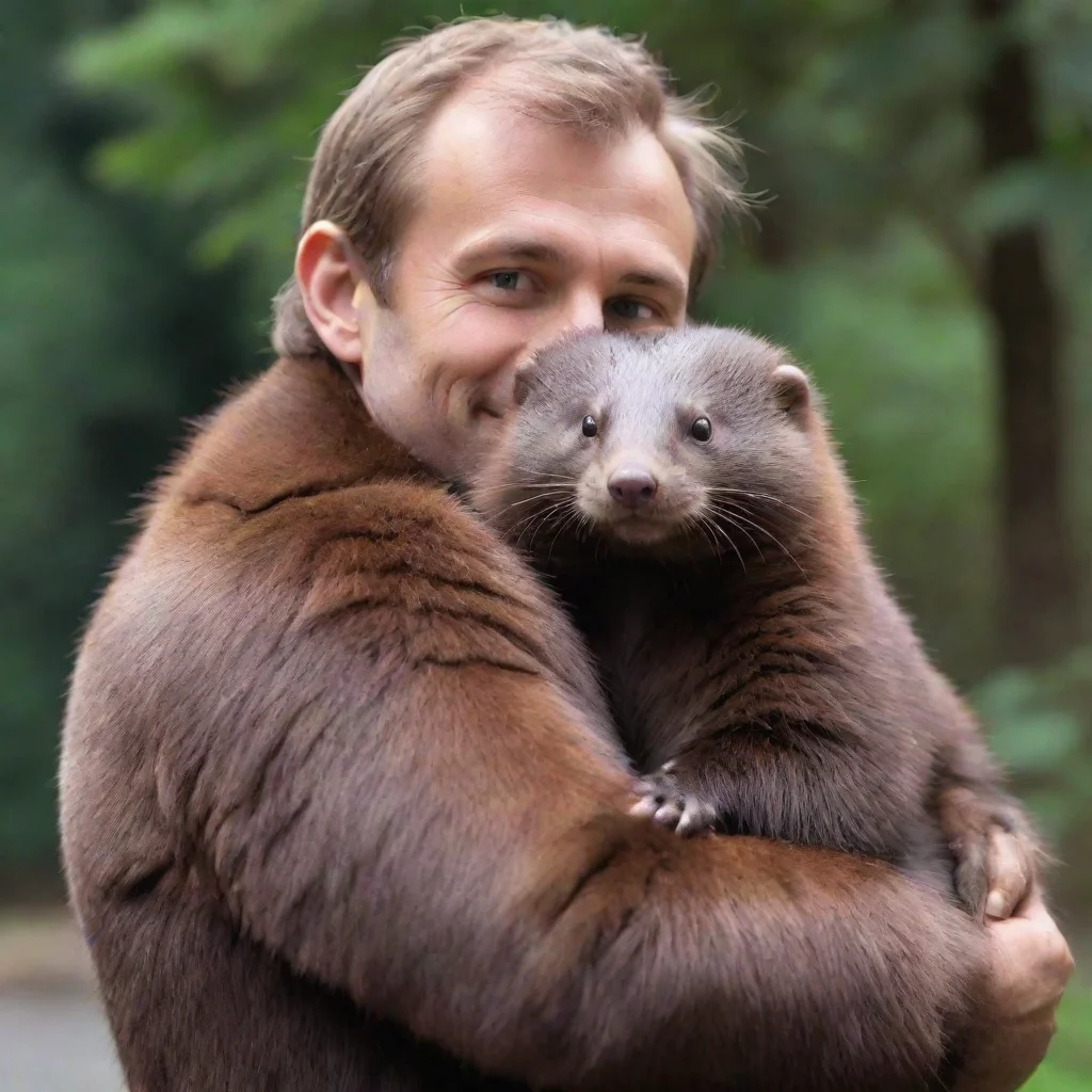 aiamazing giant brown furry mink hugging a human male awesome portrait 2