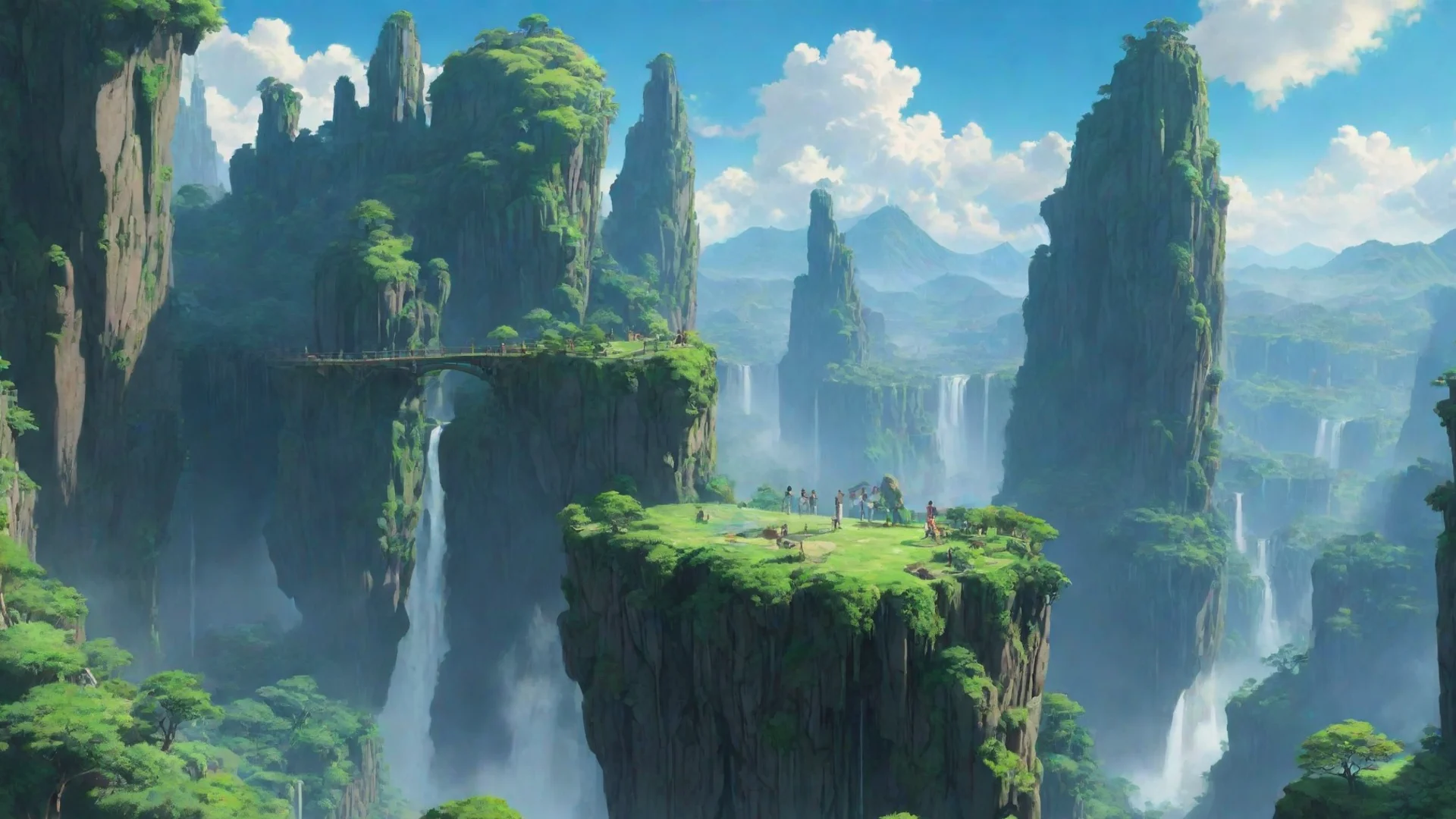 amazing giant green planet in sky anime ghibli city on floating cliffs with waterfalls best hd aesthetic wow awesome portrait 2 wide